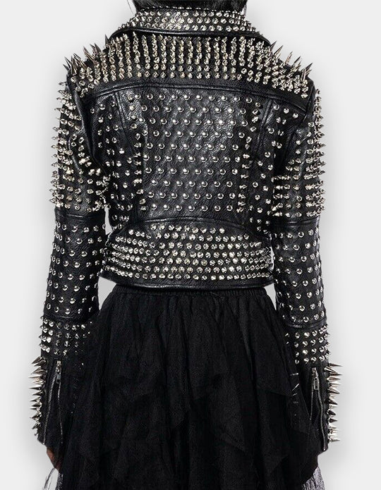 Women Motorcycle Black Color Jacket, Handmade Silver Studs jacket, Spiked Studs Jacket, Brando Waist Belt Jacket, Personalized Lapel Collar,